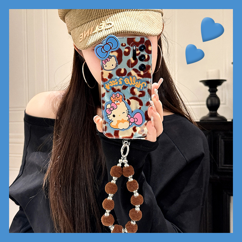 手机壳锡纸纹卡通豹纹KT猫立体蝴蝶结带挂链