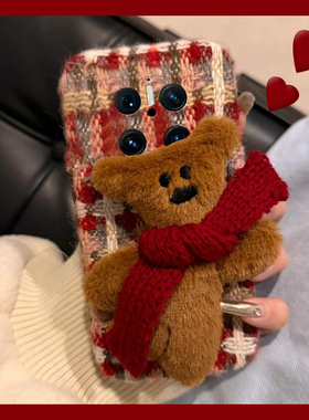 秋冬毛绒格纹适用华为mate60手机壳mete70pro+卡通40绒布30epro小熊20x红色10条纹十50rs保时捷huawei毛绒款p