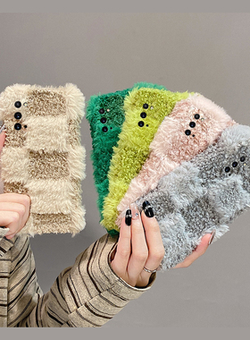 ins风棋盘格格子适用三星a53手机壳f52秋冬a8s毛绒a71格纹a51毛茸茸a31a30a20小众a90a80a60冬天a50s毛毛a70s