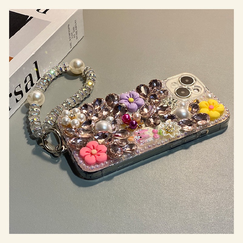 手机壳硅胶满屏珍珠宝石花朵手链