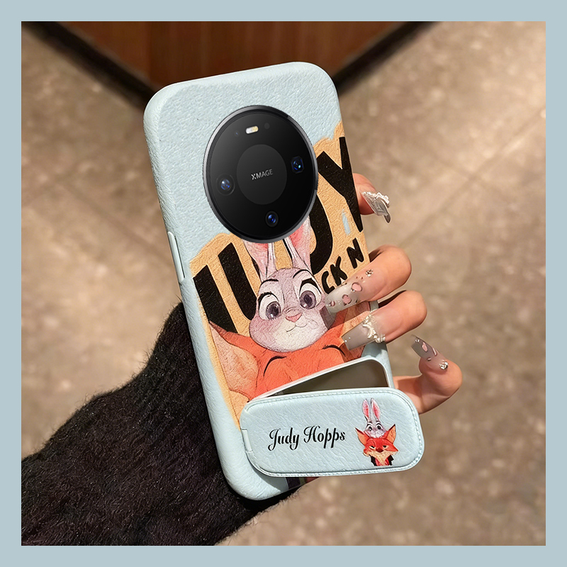 手机壳仿皮皮纹卡通情侣朱迪尼克带镜子支架