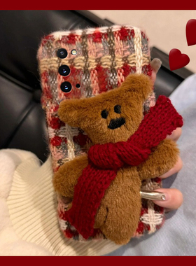 秋冬毛绒格纹适用三星a53手机壳f52卡通a8s绒布a71小熊a51红色a31条纹a90毛绒款a70s立体a50s可爱a80新款a60