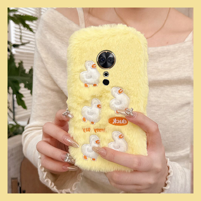 手机壳秋冬毛绒可爱卡通毛茸茸刺绣小鸭子