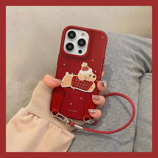 圣诞帽子小狗适用华为mate80promax手机壳mete80gts仿皮70air皮纹60pro 带50e挂绳40卡通30e呆萌十honor红色p