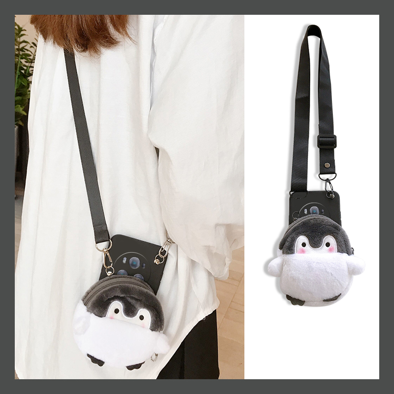 手机壳卡通趣味秋冬毛绒企鹅零钱包斜跨挂绳