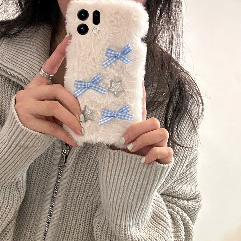 手机壳秋冬毛绒毛茸茸ins风格子星星蝴蝶结