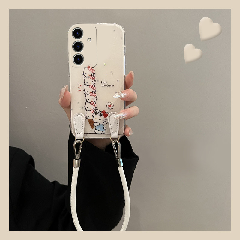 手机壳硅胶卡通KT猫带手提绳斜跨挂绳