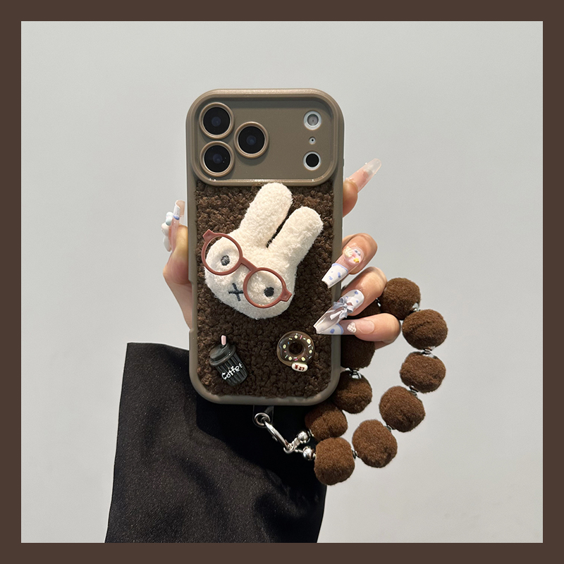 手机壳秋冬毛绒卷毛卡通带眼镜米菲兔带手链