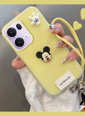适用opporeno13pro手机壳reno12可斜挎reon11立体10pro+米奇9带公仔8挂绳7se英文6可爱5k卡通5黄色十硅胶oppo