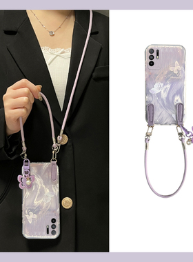 适用oppoa5手机壳a5pro可斜挎a97晕染a3活力版a93s紫色a91蝴蝶a83带挂件a79手绳a58挂绳a11x韩系a2羽纱oppo女