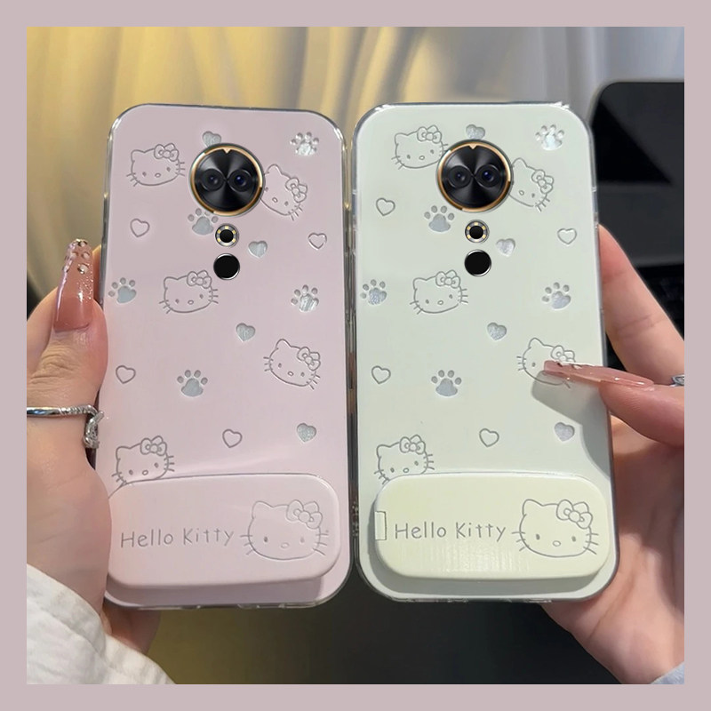 手机壳羽纱卡通爱心KT猫凯蒂猫带镜子支架