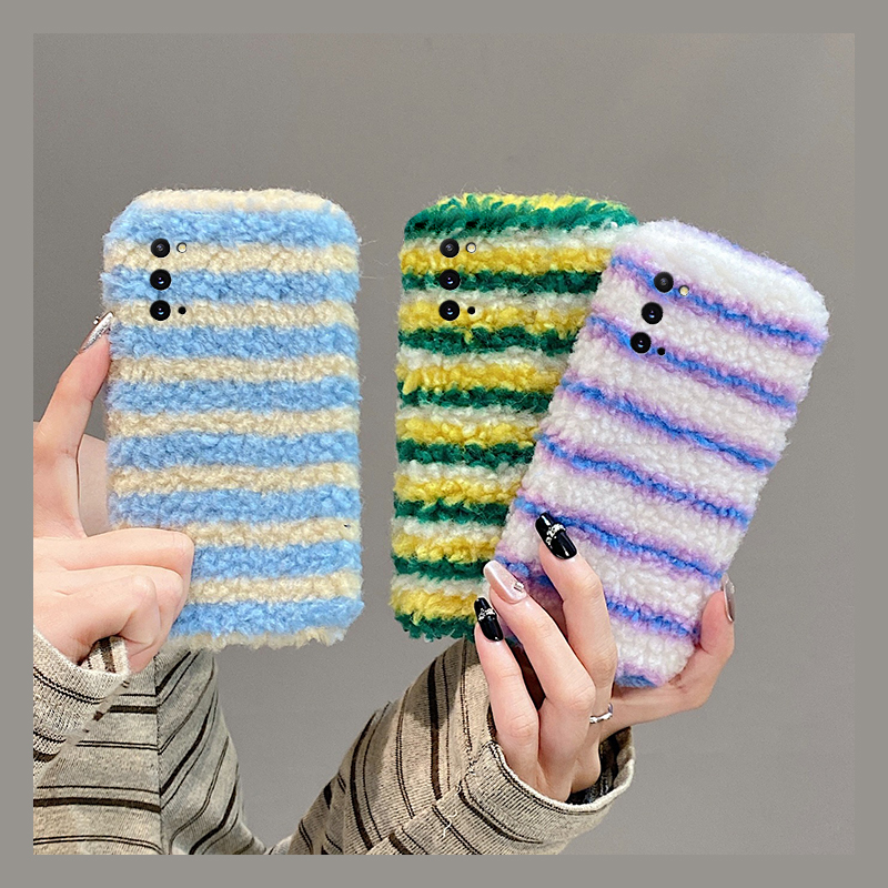 手机壳秋冬毛绒ins风拼色撞色彩色条纹线条