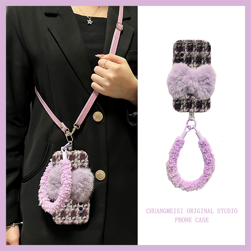 手机壳秋冬绒布格子格纹蝴蝶结挂件斜跨挂绳