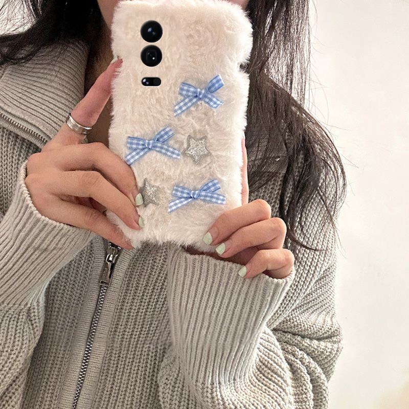 手机壳秋冬毛绒毛茸茸ins风格子星星蝴蝶结