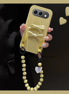 适用华为荣耀500pro手机壳500可斜挎por皮纹立体honor蝴蝶结带挂绳挂链黄色huawei韩系新款全包防摔硅胶软壳p