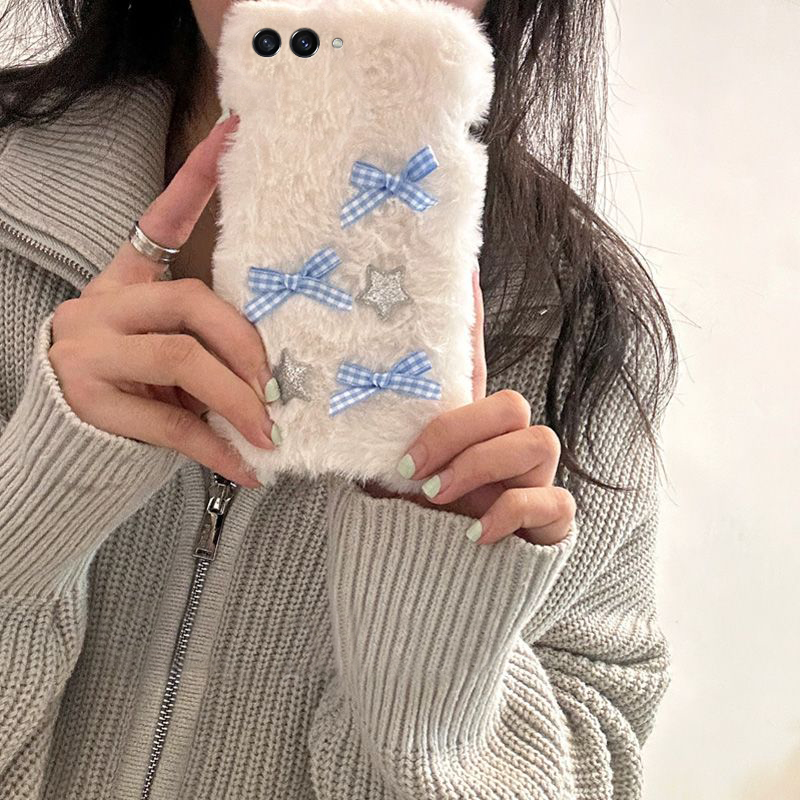 手机壳秋冬毛绒毛茸茸ins风格子星星蝴蝶结