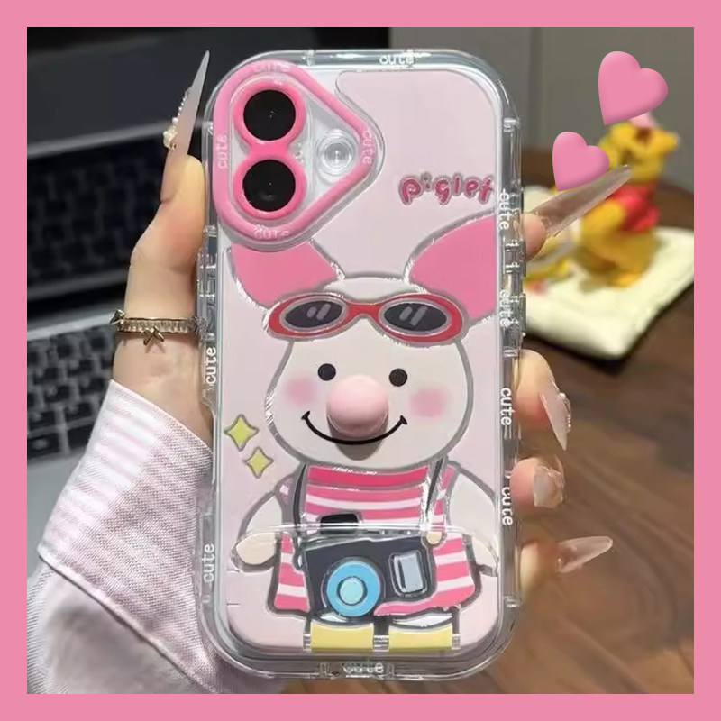 手机壳卡通维尼熊皮杰猪带立体鼻子镜子支架