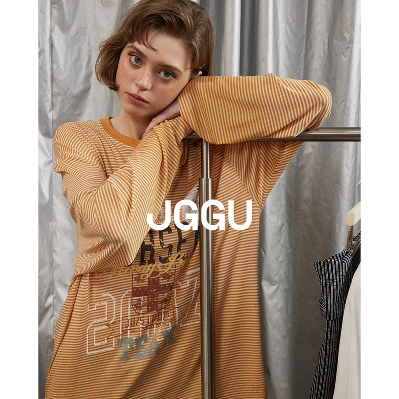 晶咕黑标JGGU【调色师】经典复古渐变印花细条纹莱赛尔垂感T恤