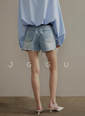 晶咕JGGU复古做旧感水洗毛边纯棉破洞大码牛仔短裤女夏辣妹热裤