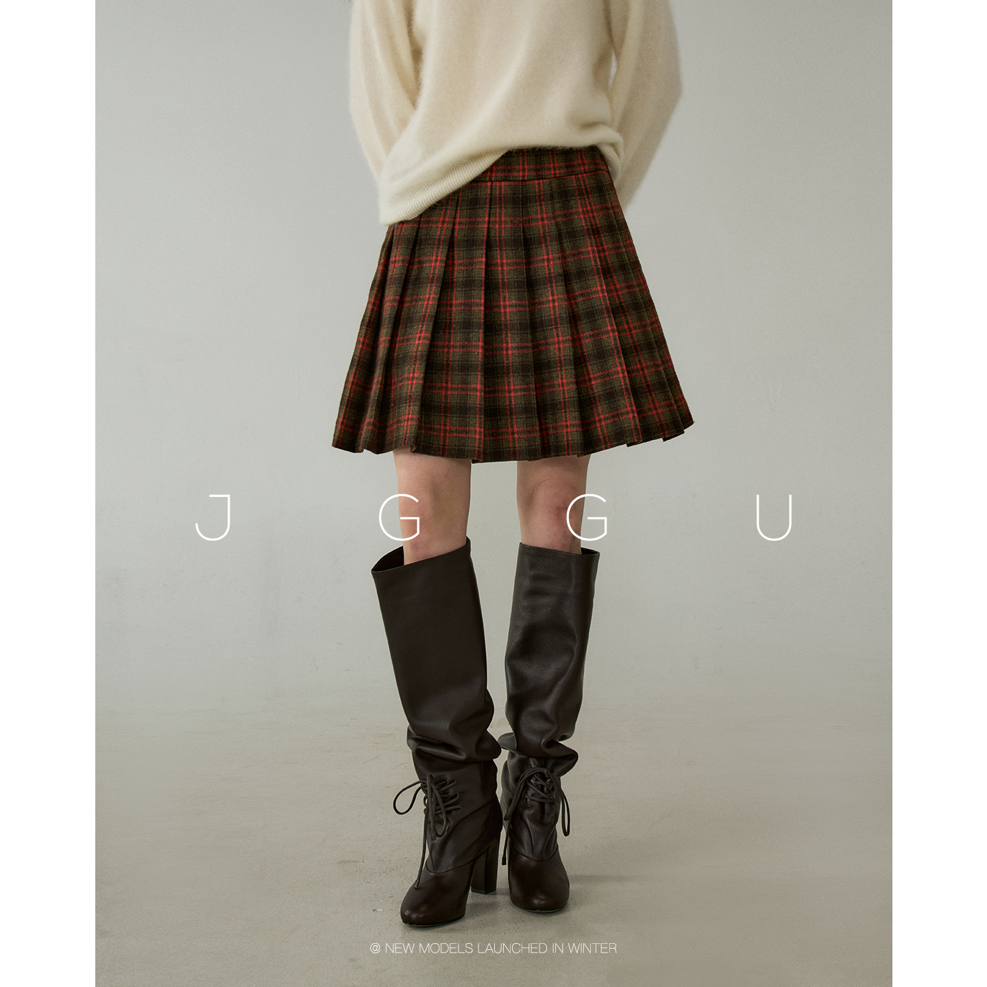 晶咕黑标JGGU【苏格兰小调】少女感撞色格纹绵羊毛半身百褶裙女冬