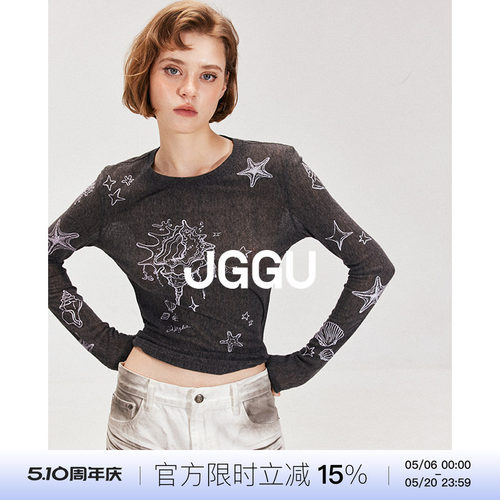 晶咕黑标JGGU【千禧街头】满印趣味气质薄透长袖t恤女小衫上衣