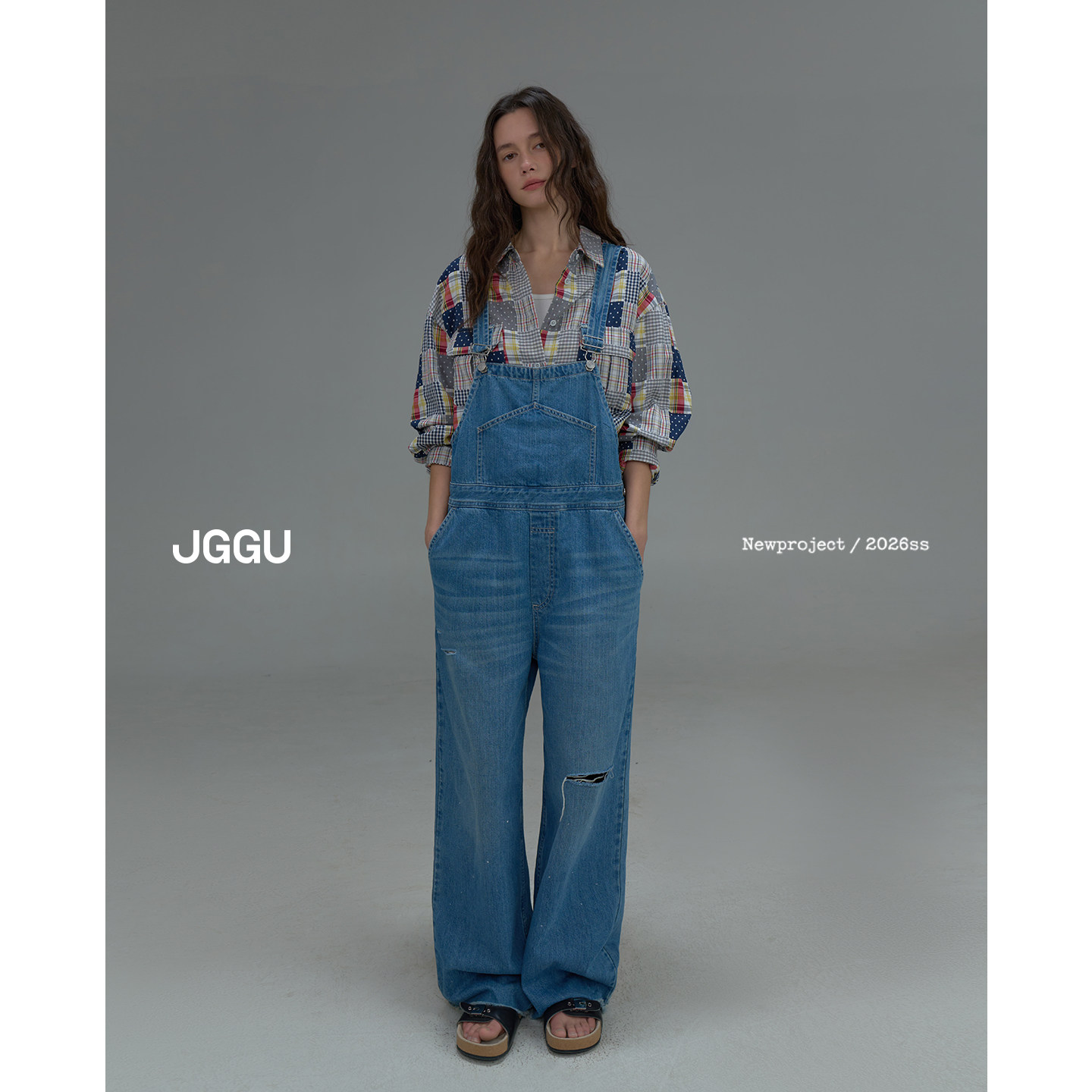 晶咕黑标JGGU【阳光小镇】经典复古水洗破洞休闲重工牛仔背带裤子
