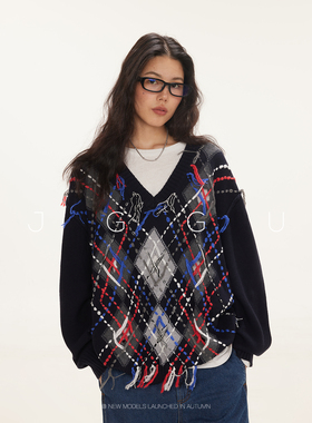 【童禹坤同款】晶咕黑标JGGU 撞色编织破洞V领毛衣女秋大码上衣