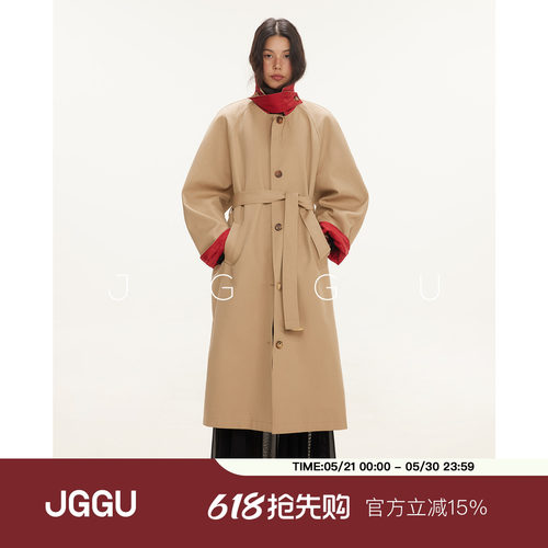 晶咕黑标JGGU【丹佛游记】复古撞色翻边袖风衣外套女秋季宽松显瘦