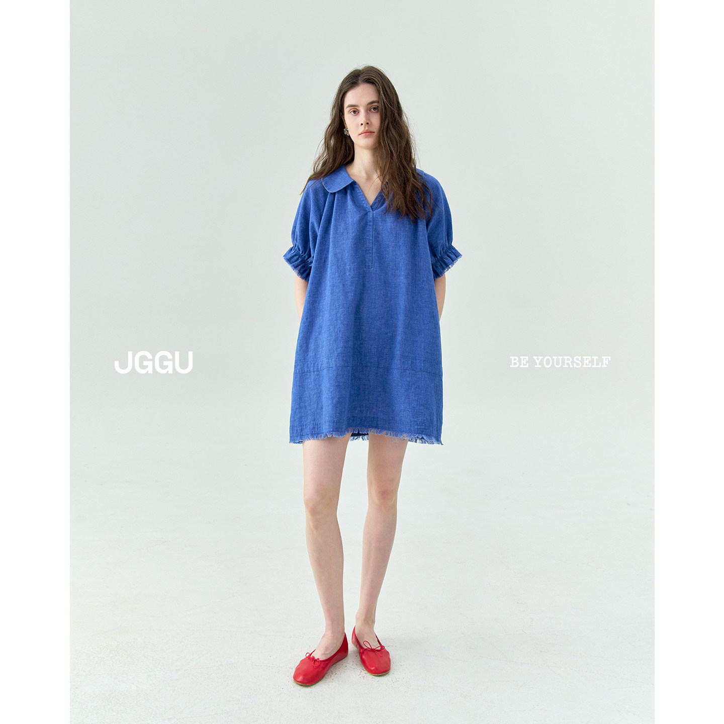 晶咕黑标JGGU【少女氛围】夏季新款亚麻混纺翻领娃娃感连衣裙女