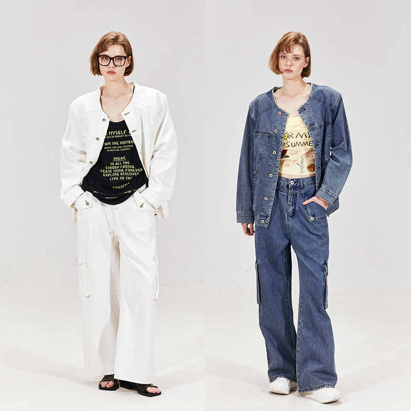 晶咕黑标JGGU大码圆领牛仔纯棉女外套小个子香风廓形工装裤系列