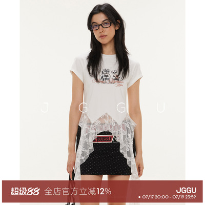 晶咕黑标JGGU【夏梦初醒】夏季甜美气质可爱小狗蕾丝拼接T恤女夏