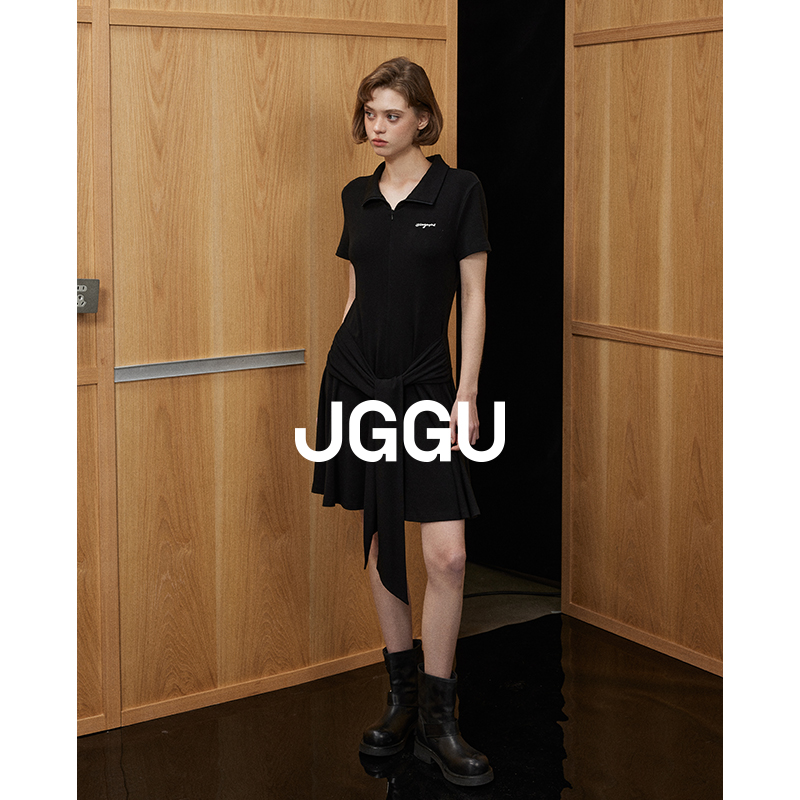 晶咕JGGU【城市网球】女复古运动拉链绑带收腰显瘦POLO领连衣裙