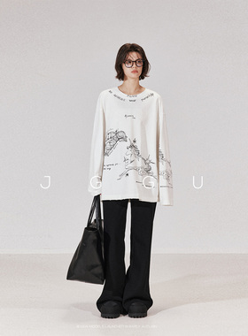 晶咕黑标JGGU 【 梦幻线条】100棉+磨毛工艺涂鸦多印花质感长袖T