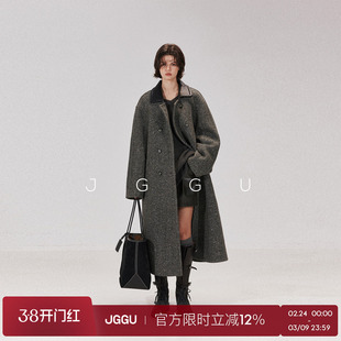 晶咕黑标JGGU【摩登典藏】高端混纺工艺彩点羊毛拼皮领毛呢大衣