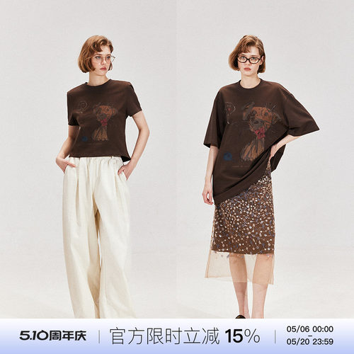 晶咕黑标JGGU艺术系小狗大码女t恤新长款夏短袖棉宽松上衣