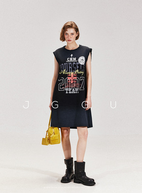 晶咕黑标JGGU【街拍C位】 美式潮喷绘水洗印花背心式牛仔连衣裙