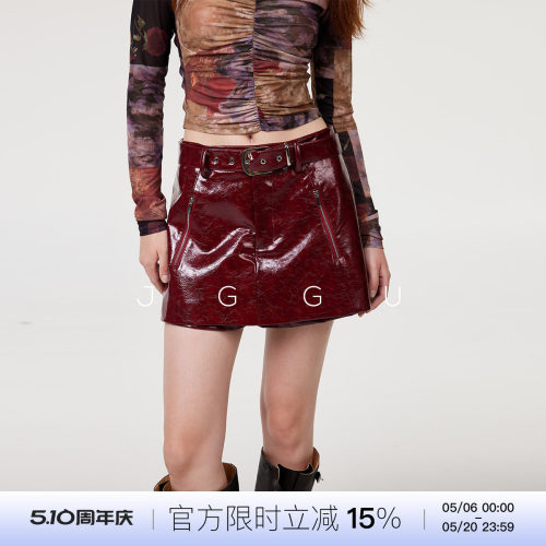 晶咕黑标JGGU高品质皮革PU皮面料复古氛围感油蜡辣妹风腰带皮裙裤
