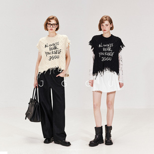 街头粗棒针织撞色字母刺绣马甲 美式 晶咕黑标JGGU 反叛灵魂