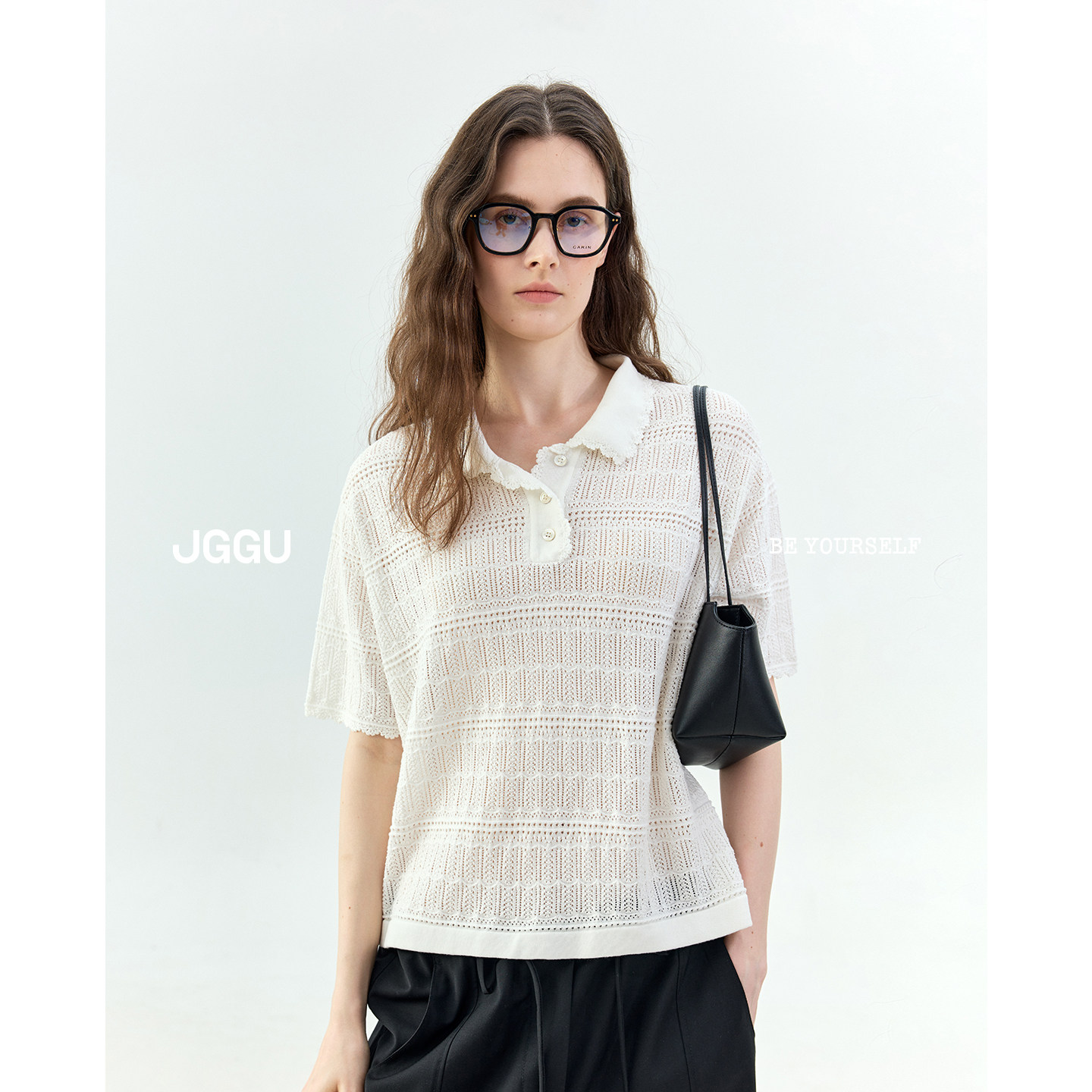 晶咕黑标JGGU【自然呼吸】夏季新款百搭莱赛尔混纺钩花翻领小衫