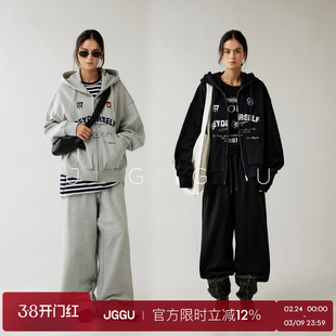晶咕黑标JGGU【轻享运动】100棉印花卫衣外套裤子三件懒人套装秋