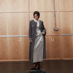 晶咕黑标JGGU极奢香韵小香编织粗花呢面料＋羊毛混纺气质长款大衣