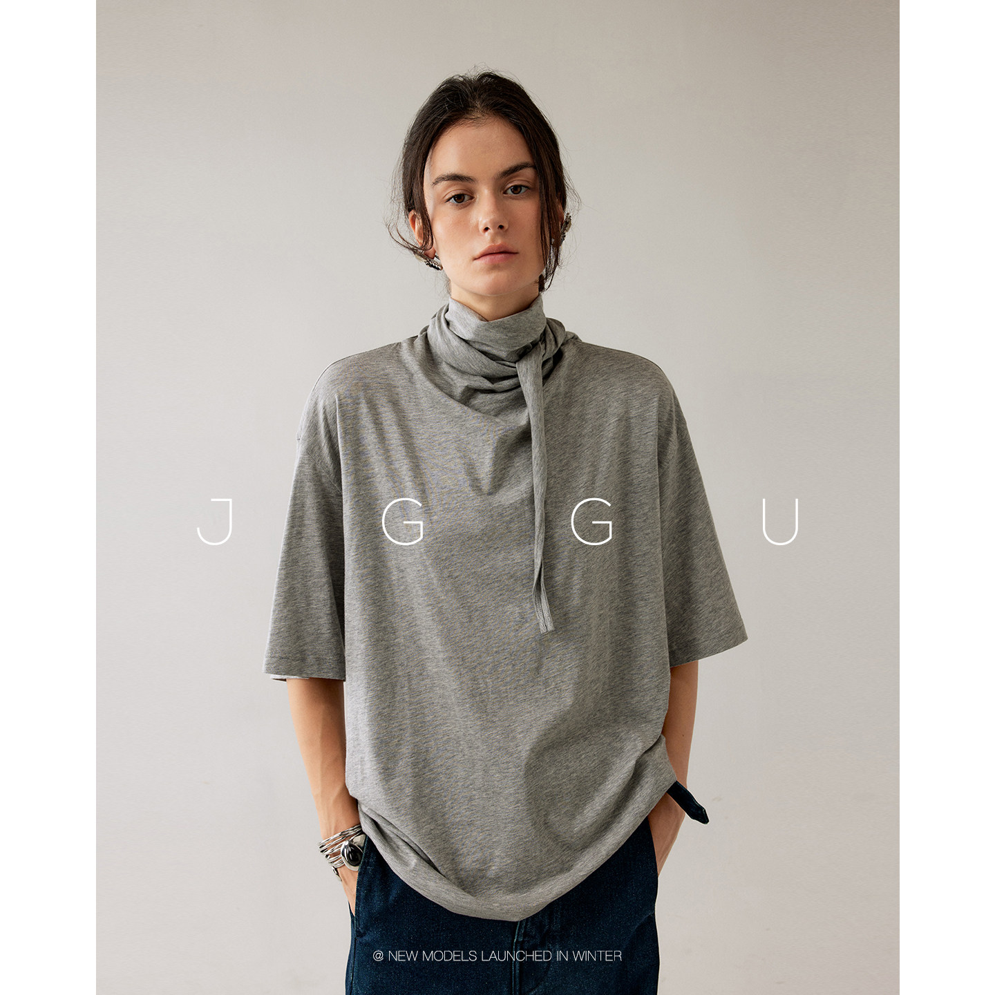 晶咕黑标JGGU【长岛假期】桑蚕丝棉美利奴羊毛混纺面料绑带T恤女