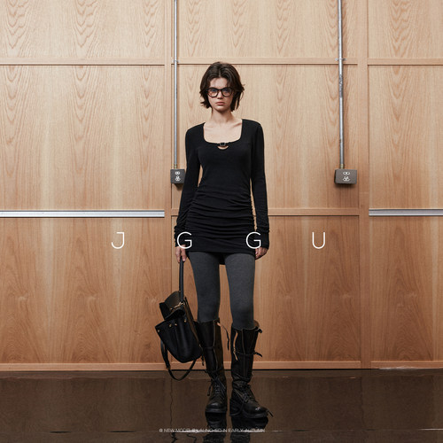 针织磨毛面料褶皱弹力显瘦连衣裙