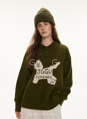 晶咕黑标JGGU【飞驰小马】飞马提花翻领氛围感针织绵羊毛毛衣女