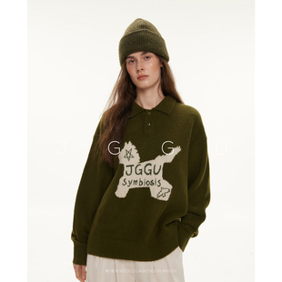 晶咕黑标JGGU【飞驰小马】飞马提花翻领氛围感针织绵羊毛毛衣女