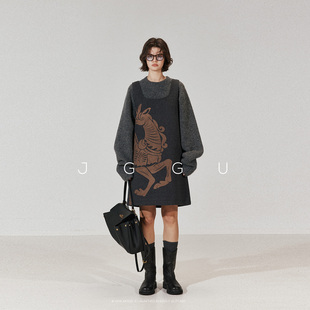 晶咕黑标JGGU【艺术拍品】高品质混纺面料古典艺术印花毛呢连衣裙