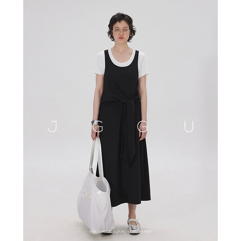晶咕JGGU2025款宽松连衣裙女夏休闲高级设计感拼接通勤短袖长裙子