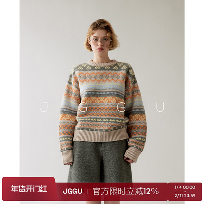 晶咕黑标JGGU【岛屿织语】费尔岛复古撞色毛衣女秋冬宽松针织衫