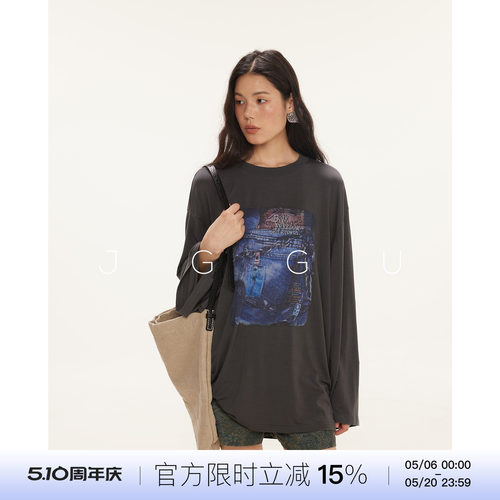 晶咕黑标JGGU【丹宁旧梦】莱赛尔混纺美式印花长袖T恤女秋季上衣