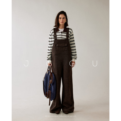 晶咕黑标JGGU【柏林书店】绵羊毛混纺面料老钱感毛呢刺绣背带裤女